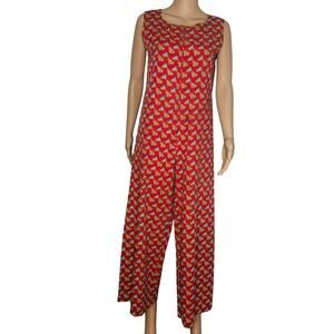 1970s Red Fluer De Lis Sleeveless Zip Up Wide Culotte Legs Romper Size Small